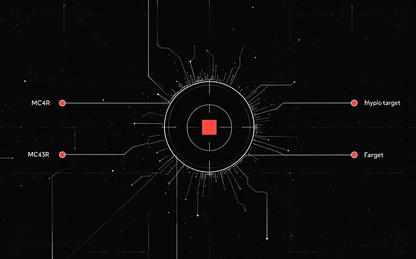 Stark raw brutalist schematic of a central target node with thin lines radiating to four receptor nodes, one marked solid signal-red as the primary target, over a faint exposed grid on a deep ink ground